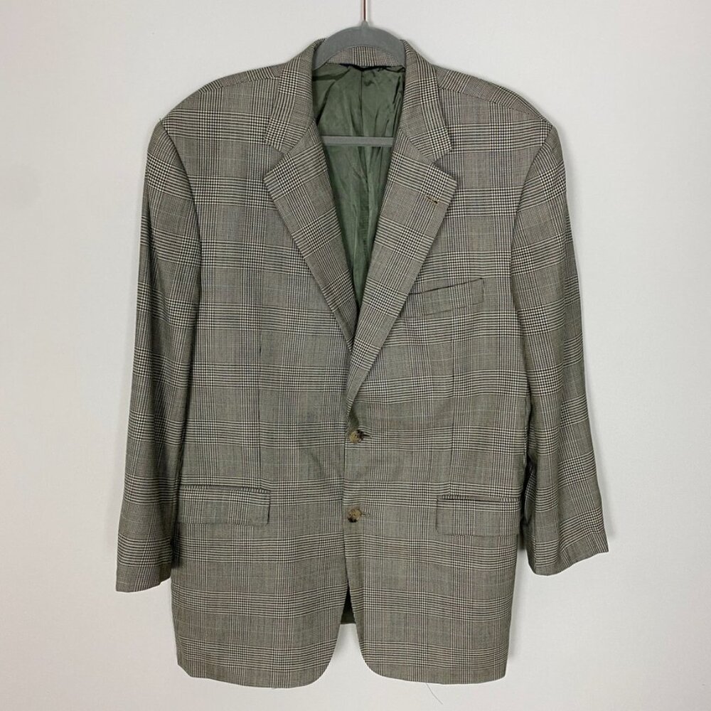 Vintage Burberry Kensington Sport Coat‎ Glen Plaid Black & Blue Wool Mens 42R